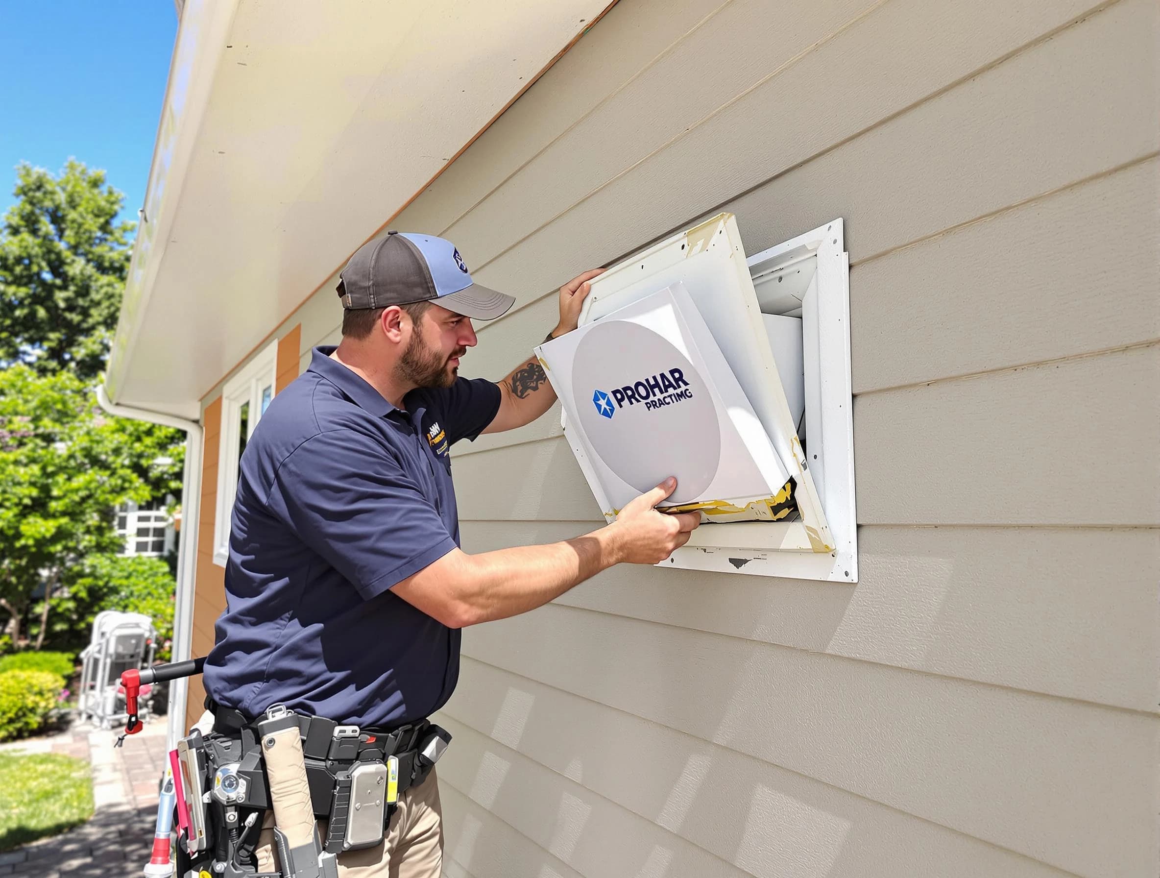 North Versailles Dryer Vent Cleaning technician installing a new protective dryer vent cover on a home in North Versailles